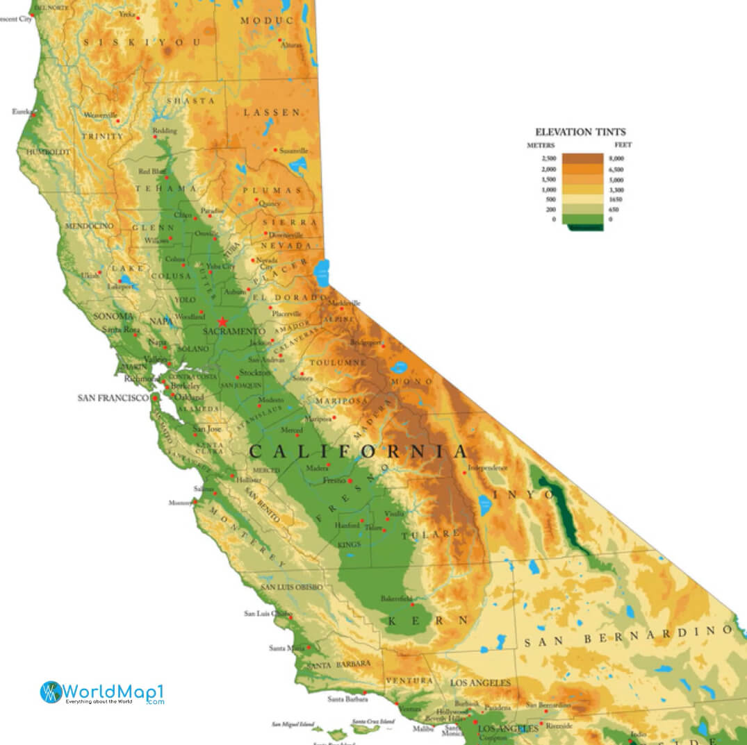 Carte physique de la Californie